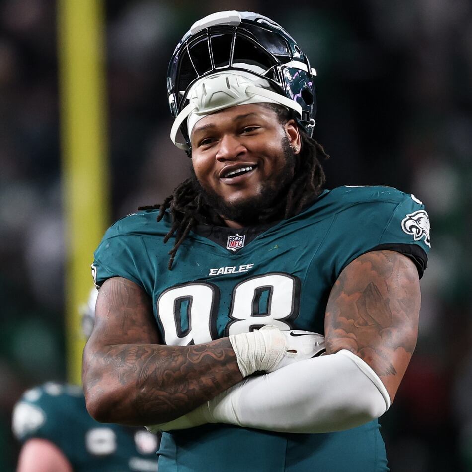 Philadelphia Eagles defensive tackle Jalen Carter (98) looks on between plays during the second half of an NFL wild card playoff football game against the San Francisco 49ers, Sunday, Jan. 11, 2026, in Philadelphia. (Terrance Williams/AP File)