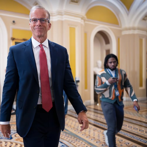 Senate Majority Leader John Thune, R-S.D., walks from the chamber to his office at the Capitol in Washington, Tuesday, June 16, 2026. (AP Photo/J. Scott Applewhite)