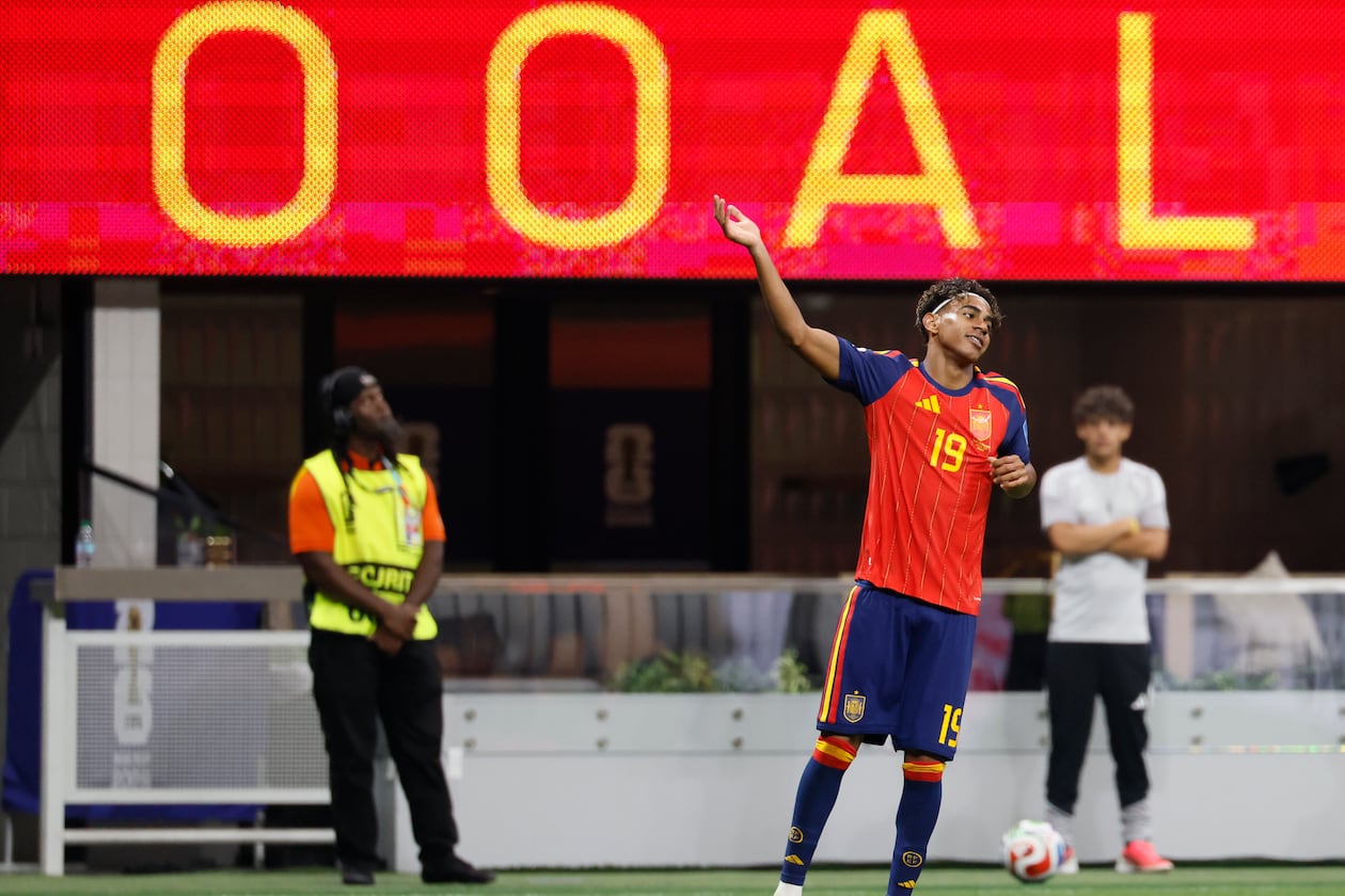 Spain's Lamine Yamal celebrates his goal around the 10-minute mark during first half of Spain vs. Saudia Arabia Group H FIFA World Cup match at Atlanta Stadium (Mercedes-Benz Stadium) on Sunday, June 21, 2026. (Miguel Martinez/AJC)