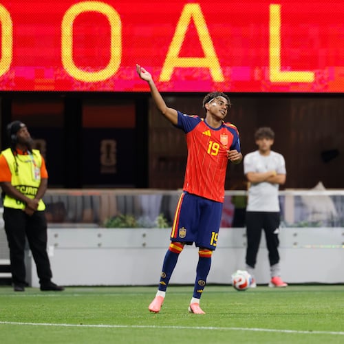 Spain's Lamine Yamal celebrates his goal around the 10-minute mark during the first half of Spain vs. Saudi Arabia at Atlanta Stadium (Mercedes-Benz Stadium) on Sunday, June 21, 2026. (Miguel Martinez/AJC)