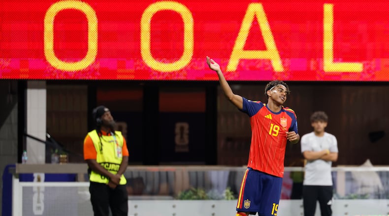 Spain's Lamine Yamal celebrates his goal around the 10-minute mark during the first half of Spain vs. Saudi Arabia at Atlanta Stadium (Mercedes-Benz Stadium) on Sunday, June 21, 2026. (Miguel Martinez/AJC)