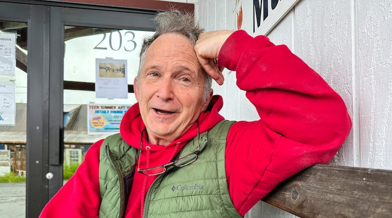 Dan Sullivan, a candidate in Alaska's U.S. Senate race who shares a name with the incumbent seeking reelection, talks with a reporter Friday, July 3, 2026, in Petersburg, Alaska. (AP Photo/Becky Bohrer)