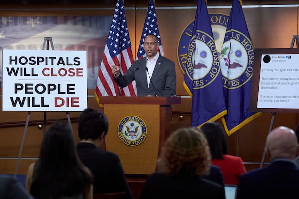 House Minority Leader Hakeem Jeffries, D-N.Y., tells reporters he agrees with Elon Musk's criticism of President Donald Trump's spending and tax bill, calling it a "disgusting abomination," during a news conference at the Capitol in Washington, Tuesday, June 3, 2025. (AP Photo/J. Scott Applewhite)