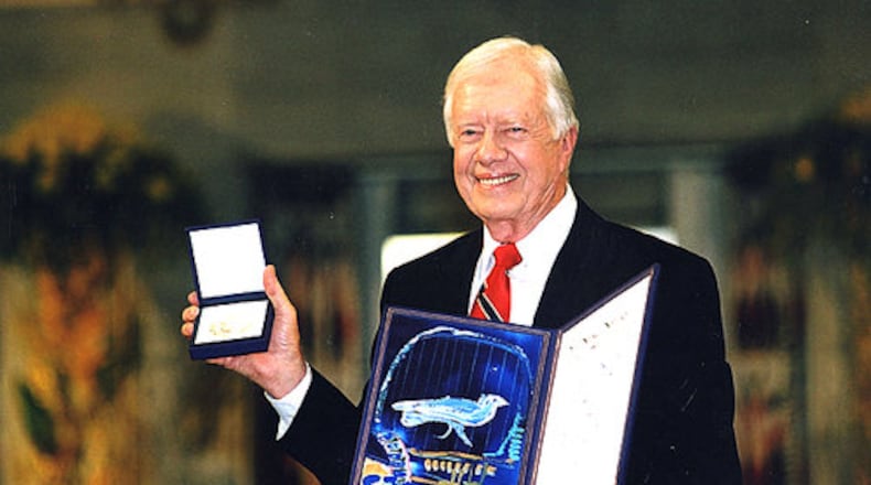 Carter was awarded the Nobel Peace Prize in Oslo, Norway, in 2002 for his diplomacy work through the Carter Center.