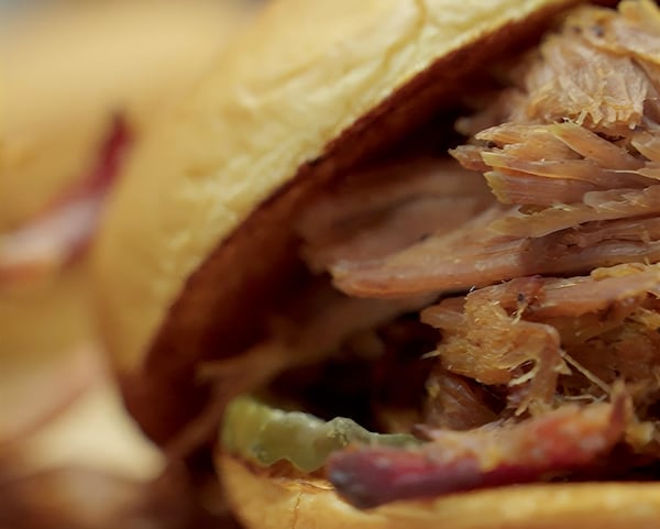 A close up of one of the six contenders for the AJC's Best Pulled Pork Sandwich in Atlanta taste test.