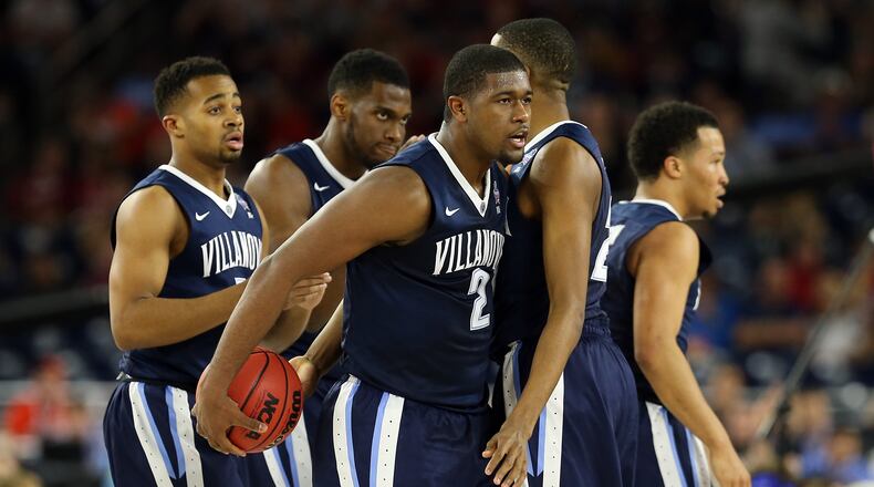 HOUSTON, TEXAS - APRIL 02: Kris Jenkins #2 of the Villanova Wildcats reacts in the first half against the Oklahoma Sooners during the NCAA Men's Final Four Semifinal at NRG Stadium on April 2, 2016 in Houston, Texas. (Photo by Streeter Lecka/Getty Images)