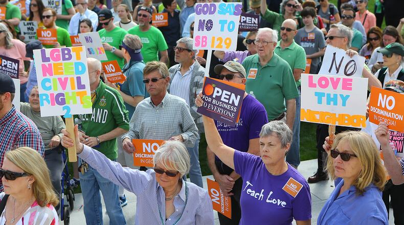 Crowd rallies against SB 129, the religious liberty bill, at the Georgia Capitol in March.