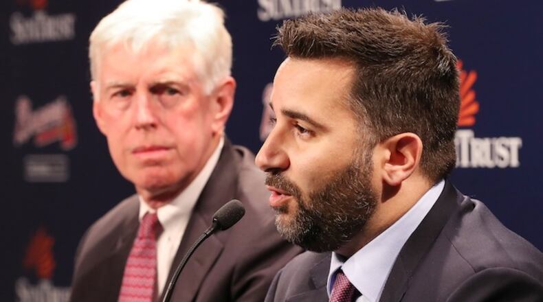 Braves Chairman and CEO Terry McGuirk (left) and GM Alex Anthopoulous. Curtis Compton/ccompton@ajc.com