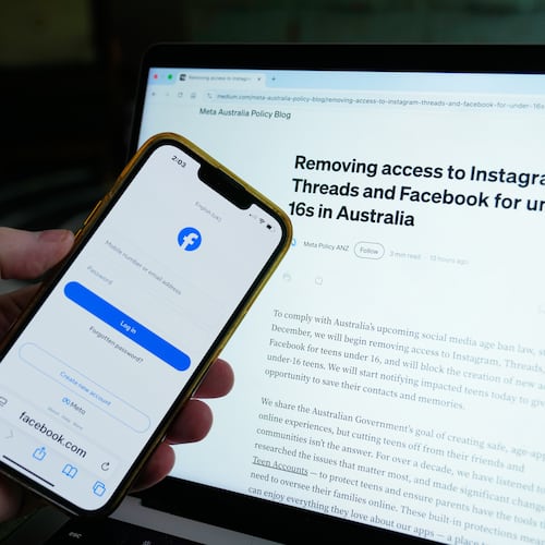 FILE - A logon screen for Facebook and the new Meta policy are photographed in Sydney, Australia, on Nov. 20, 2025. (AP Photo/Rick Rycroft, File)