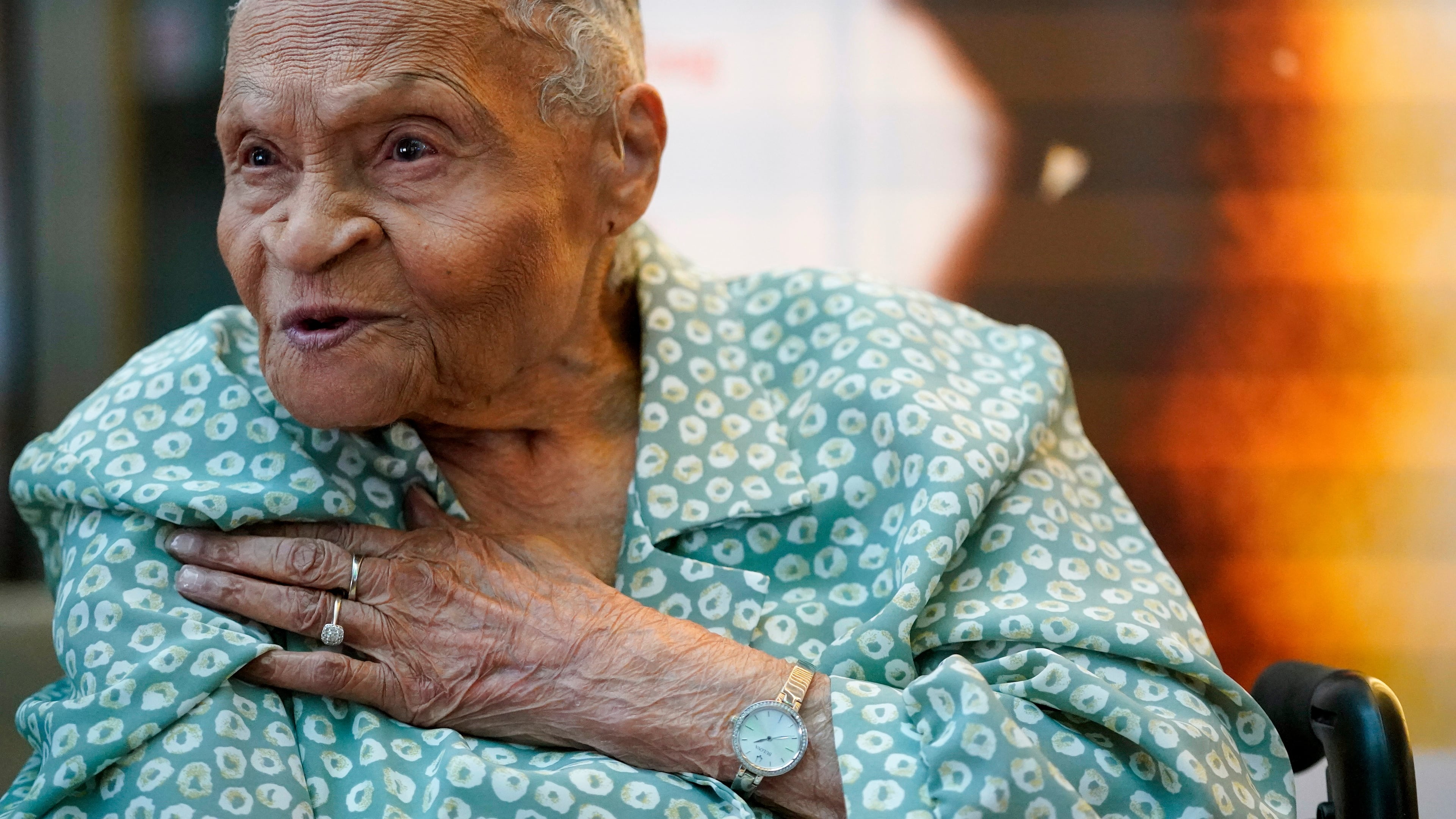 FILE - Tulsa Race Massacre survivor Viola Ford Fletcher gestures while speaking during an interview with The Associated Press, June 16, 2023, in New York. (AP Photo/Mary Altaffer, File)