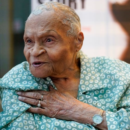 FILE - Tulsa Race Massacre survivor Viola Ford Fletcher gestures while speaking during an interview with The Associated Press, June 16, 2023, in New York. (AP Photo/Mary Altaffer, File)