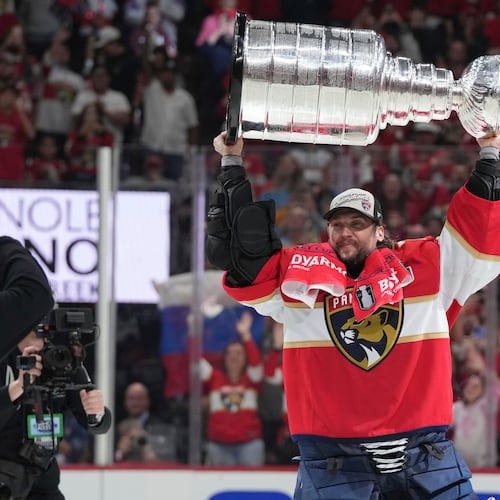 FILE - Florida Panthers goaltender Sergei Bobrovsky lifts the Stanley Cup after defeating the Edmonton Oilers in Game 6 of the NHL hockey Stanley Cup Final June 17, 2025, in Sunrise, Fla. (AP Photo/Lynne Sladky, File)