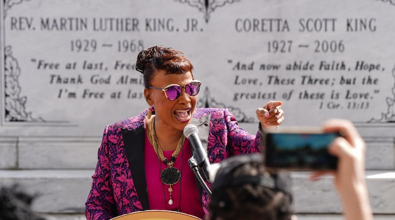 Bernice A. King, CEO of The King Center, speaks at a wreath laying ceremony at The King Center on the 54th anniversary of the assassination of Dr. Martin Luther King Jr., on Monday, April 4, 2022, in Atlanta. (Elijah Nouvelage/Special to the Atlanta Journal-Constitution)