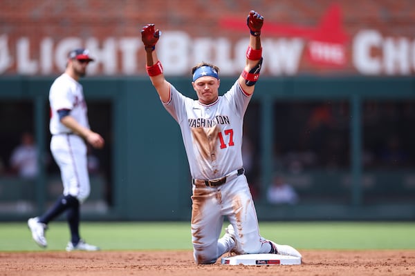 Washington Nationals' Alex Call (17) reacts after reaching second base in the second inning of a baseball game against the Atlanta Braves, Thursday, May 15, 2025, in Atlanta. (AP Photo/Colin Hubbard)