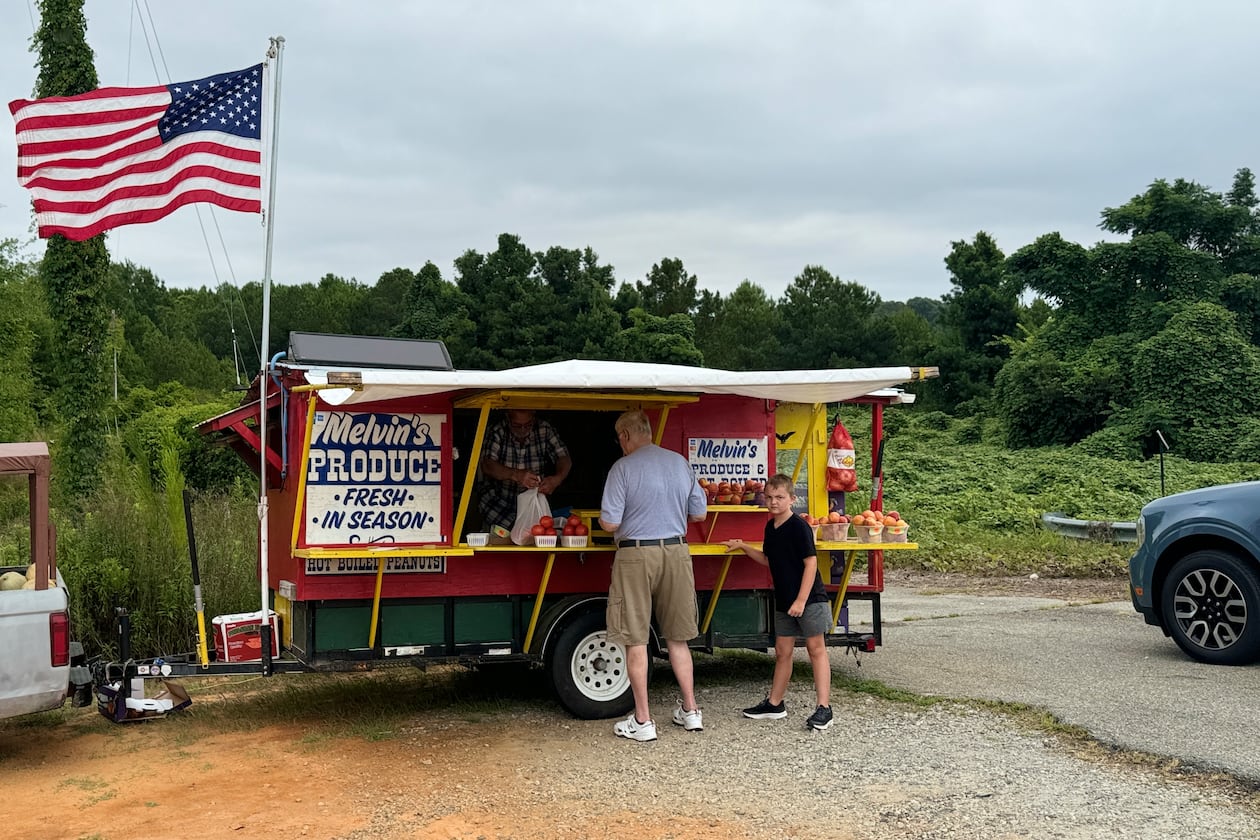 Melvin's Produce sits just off I-75 in Middle Georgia's Peach County. Democrats and Republicans are almost equally represented in the county. Joe Kovac/AJC