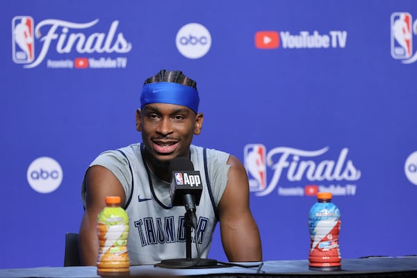 Oklahoma City Thunder guard Shai Gilgeous-Alexander speaks during a news conference, Wednesday, June 4, 2025, ahead of Game 1 of the NBA Finals basketball series against the Indiana Pacers in Oklahoma City. (AP Photo/Nate Billings)