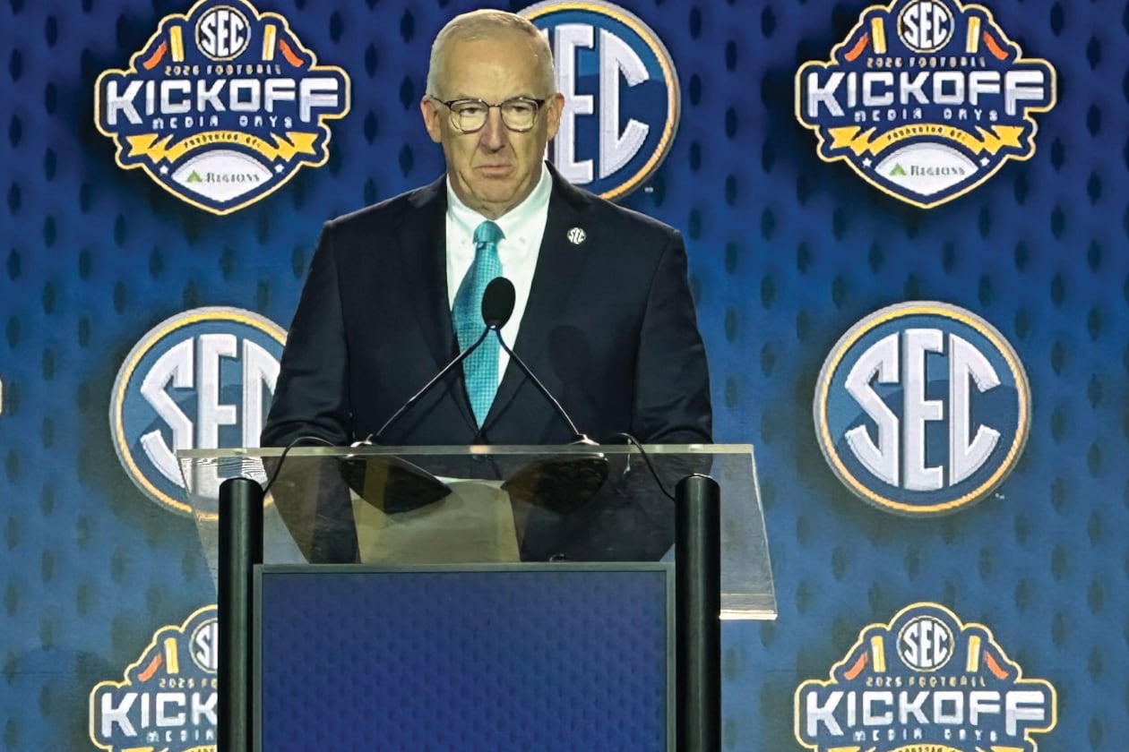 SEC Commissioner Greg Sankey discusses the upcoming 2026 NCAA College Football season Tuesday, July 21, 2026 at the SEC Media Days in Tampa, Fla. (Hunter Dawkins/The Gazebo Gazette via AP)