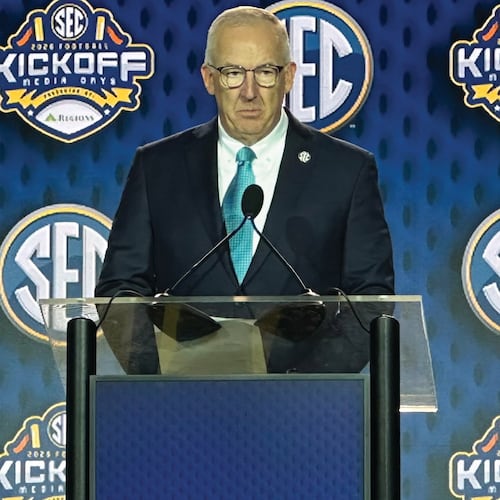 SEC Commissioner Greg Sankey discusses the upcoming 2026 NCAA College Football season Tuesday, July 21, 2026 at the SEC Media Days in Tampa, Fla. (Hunter Dawkins/The Gazebo Gazette via AP)