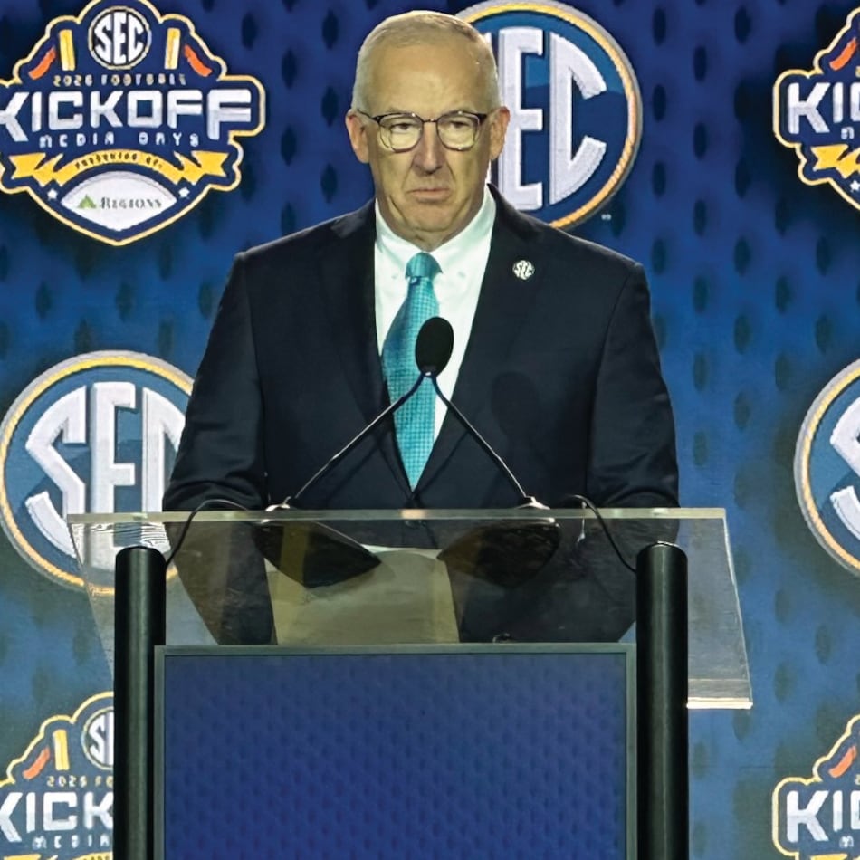 SEC Commissioner Greg Sankey discusses the upcoming 2026 NCAA College Football season Tuesday, July 21, 2026 at the SEC Media Days in Tampa, Fla. (Hunter Dawkins/The Gazebo Gazette via AP)