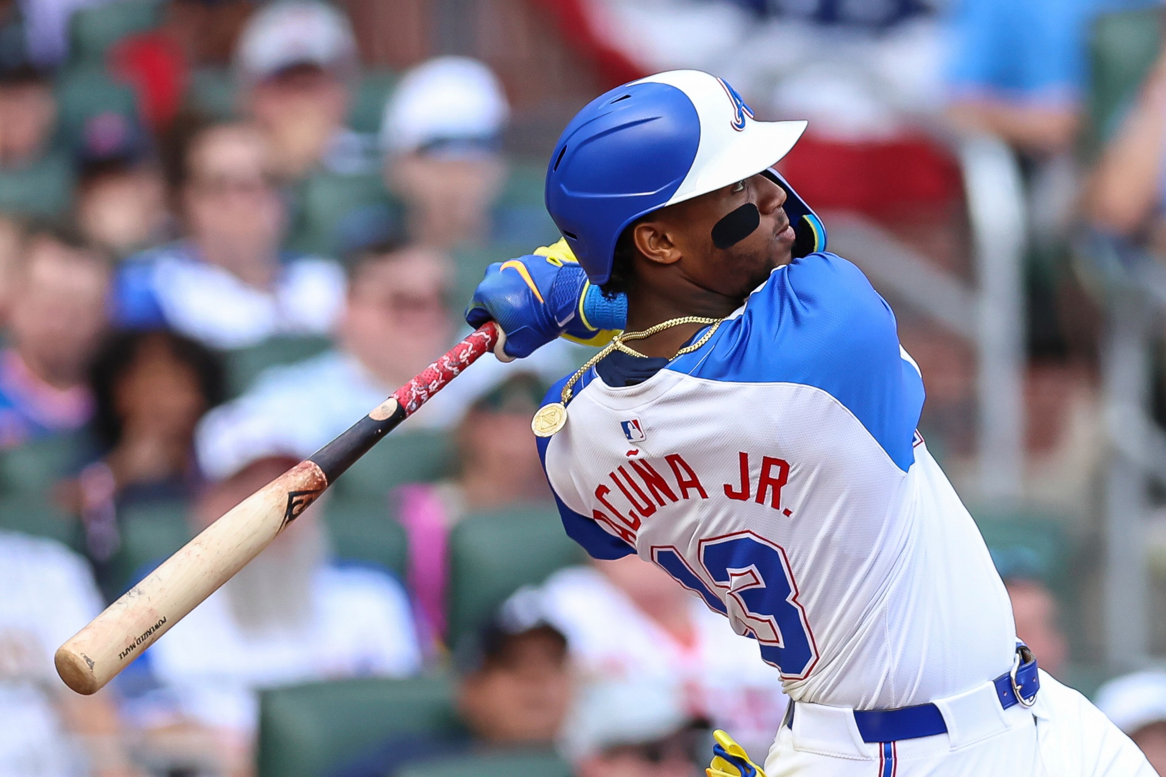 Atlanta Braves' Ronald Acuna Jr. hits a two-run home run in the sixth inning of a baseball game against the San Diego Padres, Saturday, May 24, 2025, in Atlanta. (AP Photo/Colin Hubbard)