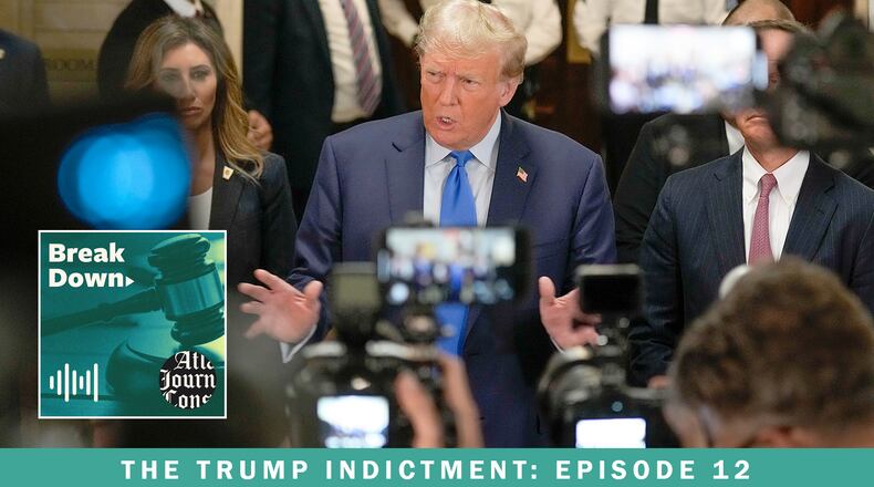 Former President Donald Trump faces a mob of cameras at the New York Supreme Court earlier this month. In the latest episode of the AJC's "Breakdown" podcast, we look at whether having cameras in the courtroom during the Fulton County election interference trials guarantees a media circus. (Seth Wenig/AP)