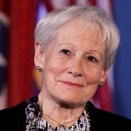 FILE - Former Sen. Nancy Kassebaum Baker, R-Kansas, looks to the stage during, "A Century of Service," honoring former Senate Majority Leaders Bob Dole and Howard Baker, her husband, at Mellon Auditorium, March 21, 2012, in Washington. (AP Photo/Carolyn Kaster, File)