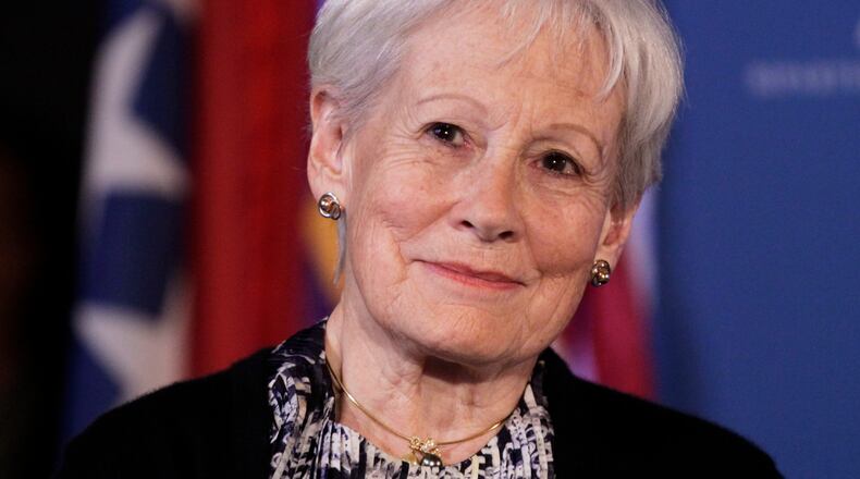 FILE - Former Sen. Nancy Kassebaum Baker, R-Kansas, looks to the stage during, "A Century of Service," honoring former Senate Majority Leaders Bob Dole and Howard Baker, her husband, at Mellon Auditorium, March 21, 2012, in Washington. (AP Photo/Carolyn Kaster, File)