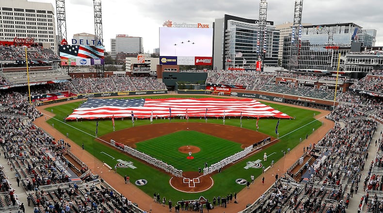 A general view of SunTrust Park during the national anthem prior to the game between the Braves and the Phillies on March 29, 2018 in Atlanta. (Photo by Kevin C. Cox/Getty Images)