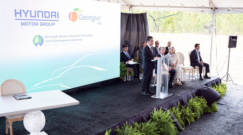 ELLABELL, GEORGIA - MAY 20, 2022: Hyundai Motor Group President and CEO Jae Hoon Chang speaks to during the announcement that the South Korean automotive giant is building an electric vehicle plant in Ellabell, Ga. It is the second major electric vehicle factory announcement in Georgia since December as state economic development officials try to turn the Peach State into an important manufacturing hub for battery-powered automobiles. (AJC Photo/Stephen B. Morton)
