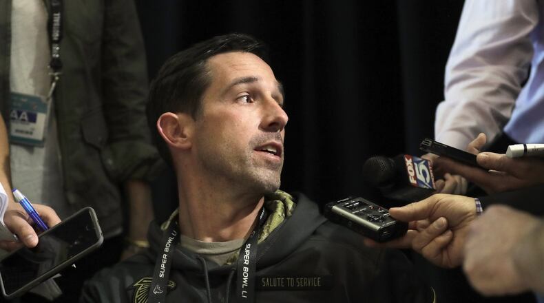 HOUSTON, TX - FEBRUARY 01: Offensive Coordinator Kyle Shanahan of the Atlanta Falcons speaks with the media during a Super Bowl LI press conference on February 1, 2017 in Houston, Texas. (Photo by Tim Warner/Getty Images)