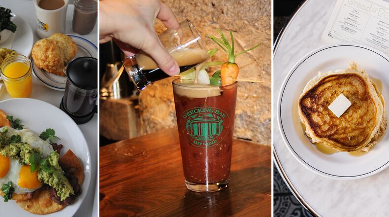 (From left) Brunch from Buttermilk Kitchen, Bloody Mary from Wrecking Bar Brewpub and pancakes from Bread & Butterfly.