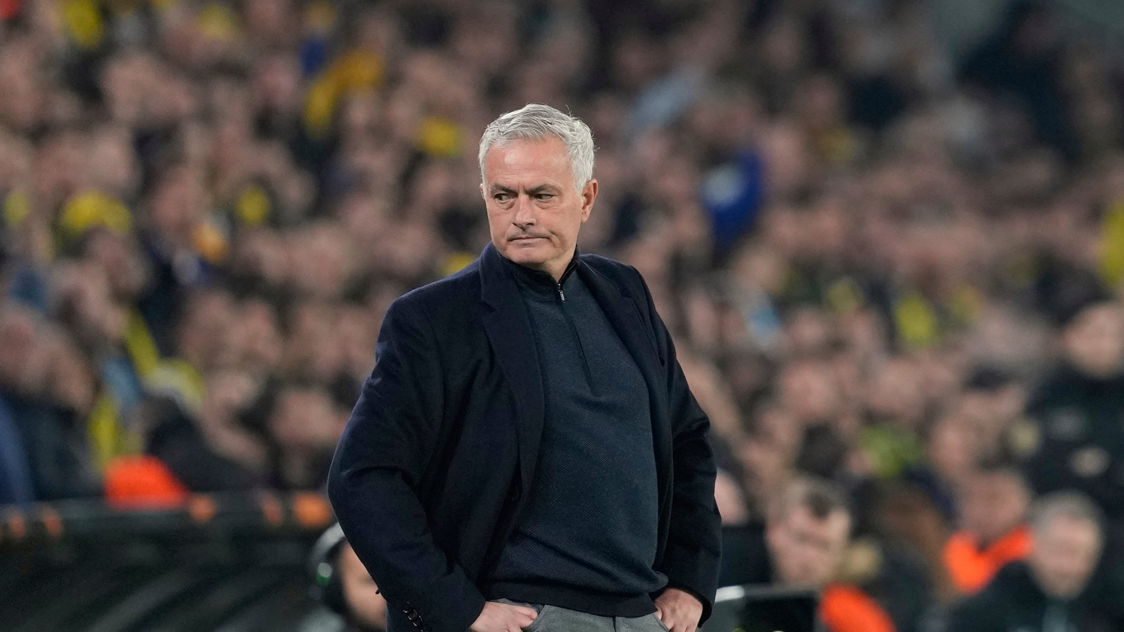 FILE - Fenerbahce's head coach Jose Mourinho looks on prior to the Europa League round of 16 first leg soccer match between Fenerbahce and Rangers at Sukru Saracoglu stadium in Istanbul, Turkey, Thursday, March 6, 2025. (AP Photo/Khalil Hamra , File)