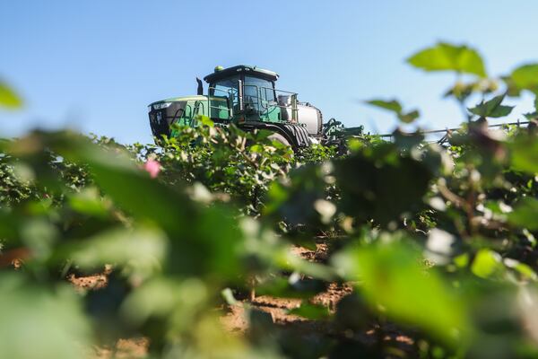 A sprayer parked in a cotton field in Madison last August. (Abbey Cutrer/AJC)