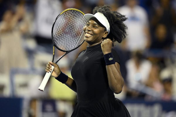 Venus Williams celebrates her win over Peyton Stearns during a match at the Citi Open tennis tournament Tuesday, July 22, 2025, in Washington. (AP Photo/Nick Wass)