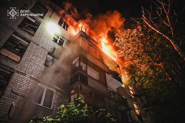 In this photo provided by the Ukrainian Emergency Service, a view after a Russian attack that hit a residential building in Kharkiv, Ukraine, Wednesday, June 11, 2025. (Ukrainian Emergency Service via AP)