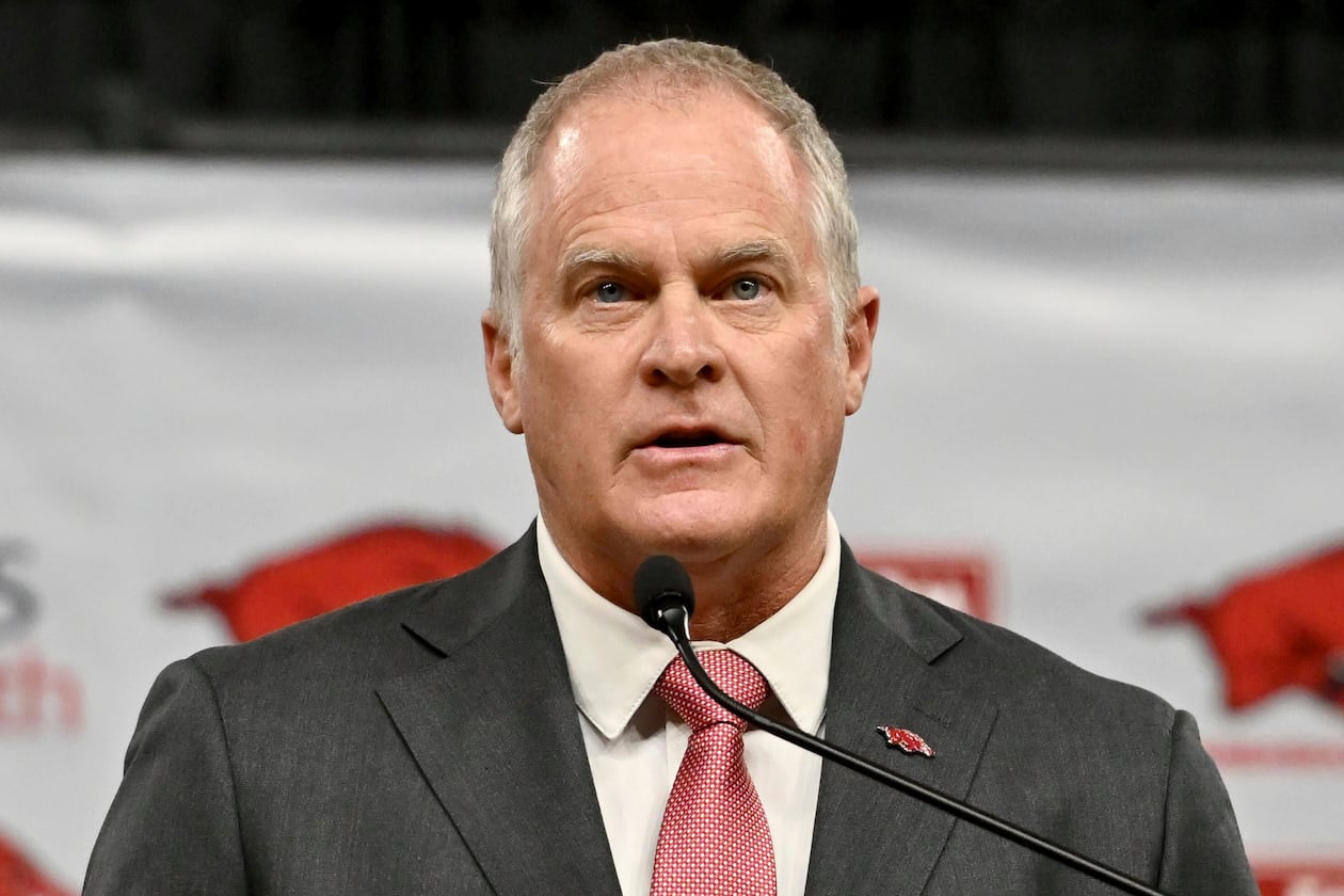 Hunter Yurachek, Arkansas vice chancellor and director of athletics, speaks during a news conference, Wednesday, April 10, 2024, in Fayetteville, Arkansas. (Michael Woods/AP File)