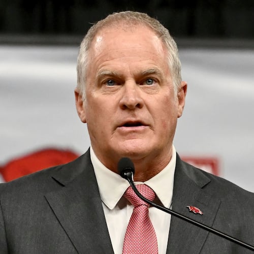 Hunter Yurachek, Arkansas vice chancellor and director of athletics, speaks during a news conference, Wednesday, April 10, 2024, in Fayetteville, Arkansas. (Michael Woods/AP File)