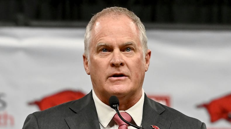 Hunter Yurachek, Arkansas vice chancellor and director of athletics, speaks during a news conference, Wednesday, April 10, 2024, in Fayetteville, Arkansas. (Michael Woods/AP File)