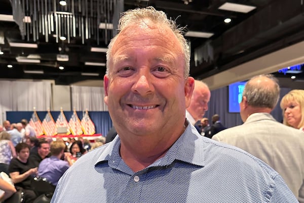 Clark Spieles, a trustee in Shawnee Township, Ohio, poses for a photo during a Republican fundraiser on Tuesday, June 24, 2025, in Lima, Ohio, featuring Vice President JD Vance. (AP Photo/Julie Carr Smyth)