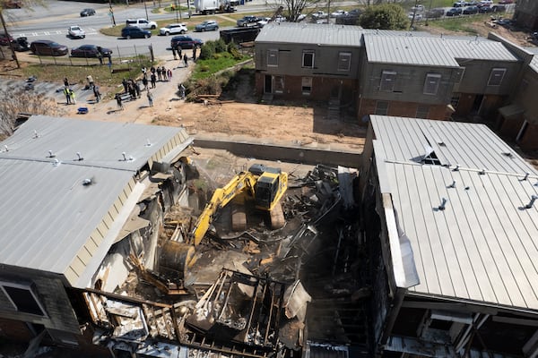 Drone photos capture demolition work at the former Forest Cove apartments on Wednesday, March 20, 2024. (Ben Gray for the AJC)