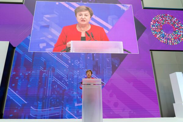 International Monetary Fund (IMF) Managing Director Kristalina Georgieva speaks at the forum Tokenization and the Financial System during the World Bank/IMF Spring Meetings at the International Monetary Fund (IMF) headquarters in Washington, Wednesday, April 23, 2025. (AP Photo/Jose Luis Magana)
