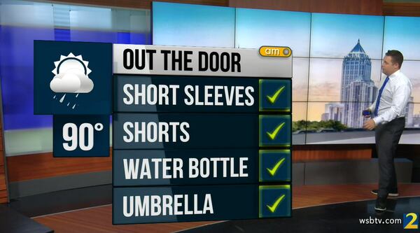 Atlanta's projected high is 90 degrees Monday, and storms are 40% likely this afternoon, according to Channel 2 Action News meteorologist Brian Monahan.