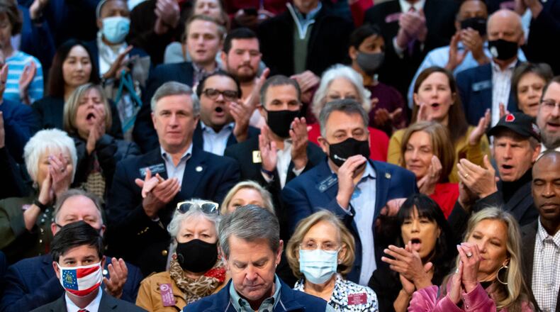 Gov. Brian Kemp speaks at a press conference at the Capitol on Saturday, April 3, 2021, as he and his supporters blast Major League Baseball's decision to move the All-Star game from Georgia over the state's new voting law. STEVE SCHAEFER FOR THE ATLANTA JOURNAL-CONSTITUTION