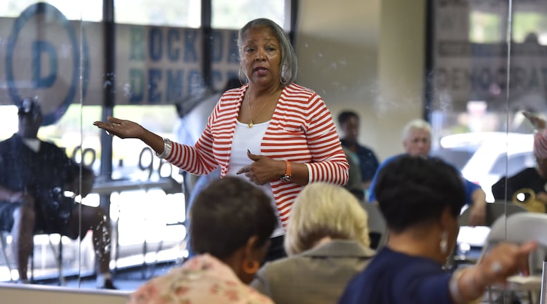Elaine Davis-Nickens, Chair of the Rockdale County Democratic Party, speaks during a general meeting at Rockdale County Democratic Party office in Conyers on Saturday, May 23, 2015.