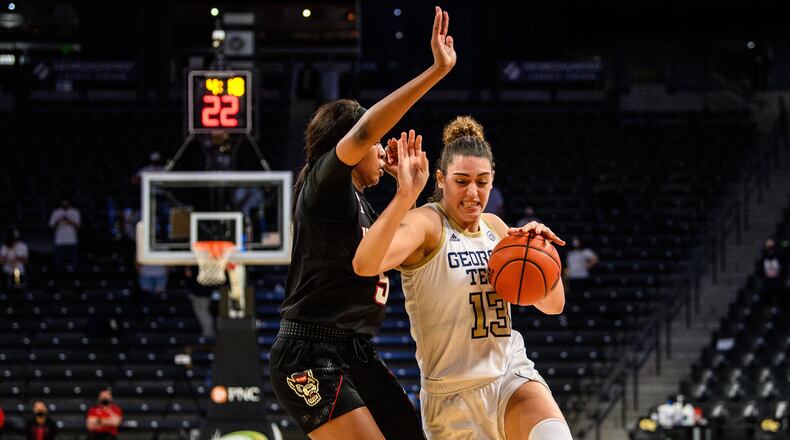 Georgia Tech forward Lorela Cubaj is the league’s leading rebounder (11.5 per game) and is eighth in blocked shots (1.4 per game). (Danny Karnik/Georgia Tech Athletics)