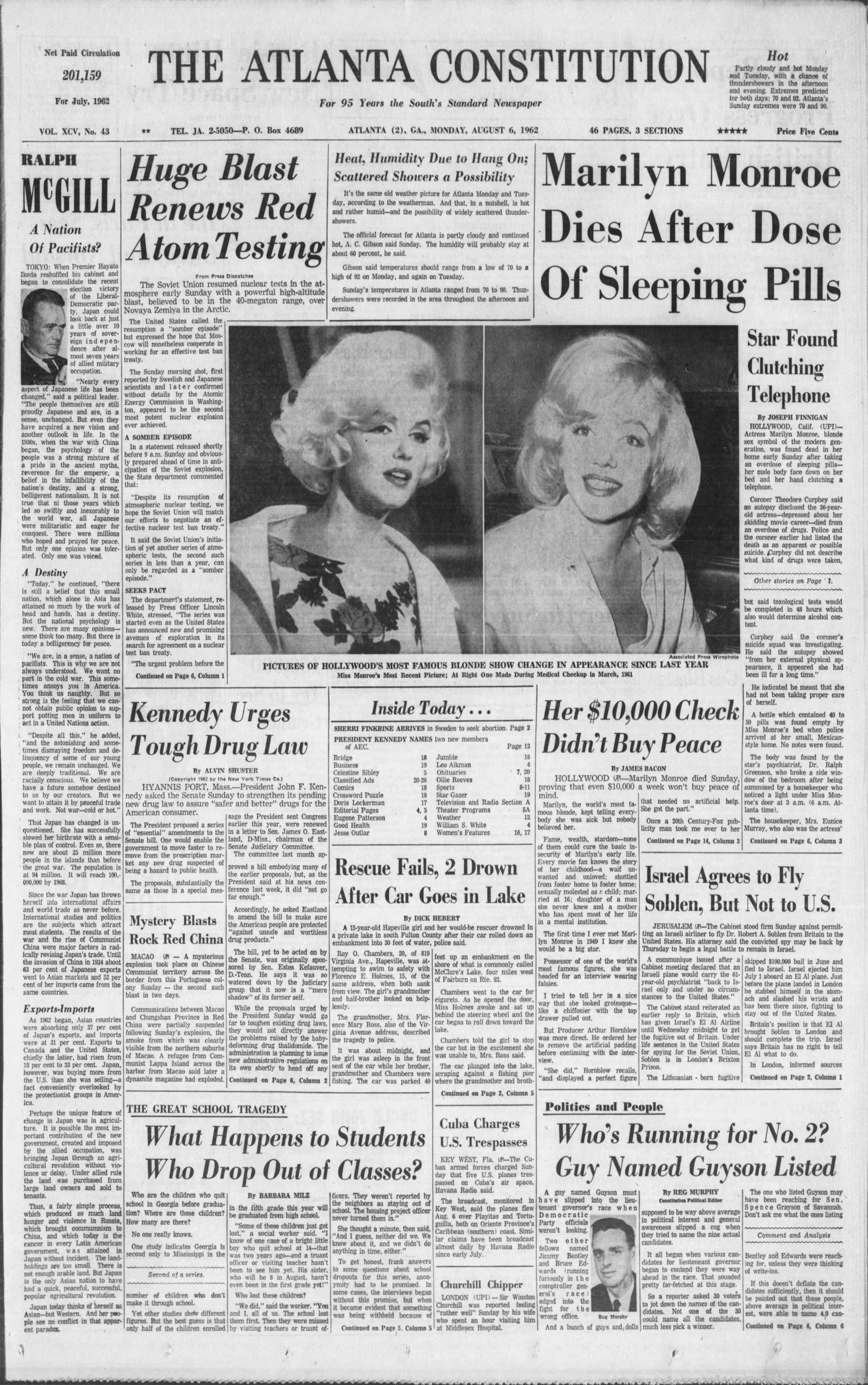 The Atlanta Constitution front page on Aug. 6, 1962.