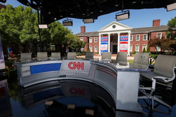 The CNN Presidential Debate “game day,” stage is shown at the CNN-Techwood campus, Wednesday, June 26, 2024, in Atlanta. (Jason Getz/AJC)
