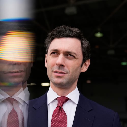 FILE - Sen. Jon Ossoff, D-Ga., speaks during an interview at Dobbins Air Reserve Base, April 26, 2025, in Marietta, Ga. (AP Photo/Brynn Anderson, File)