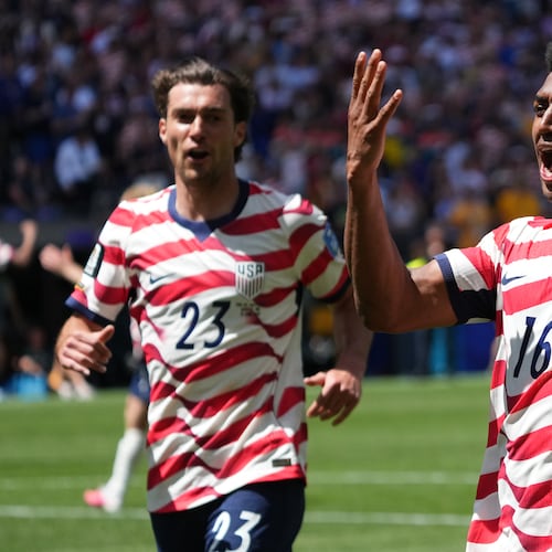 United States' Joe Scally (23) and Alex Freeman (16) react after the World Cup Group D soccer match between the United States and Australia in Seattle, Friday, June 19, 2026. (AP Photo/Ted S. Warren)