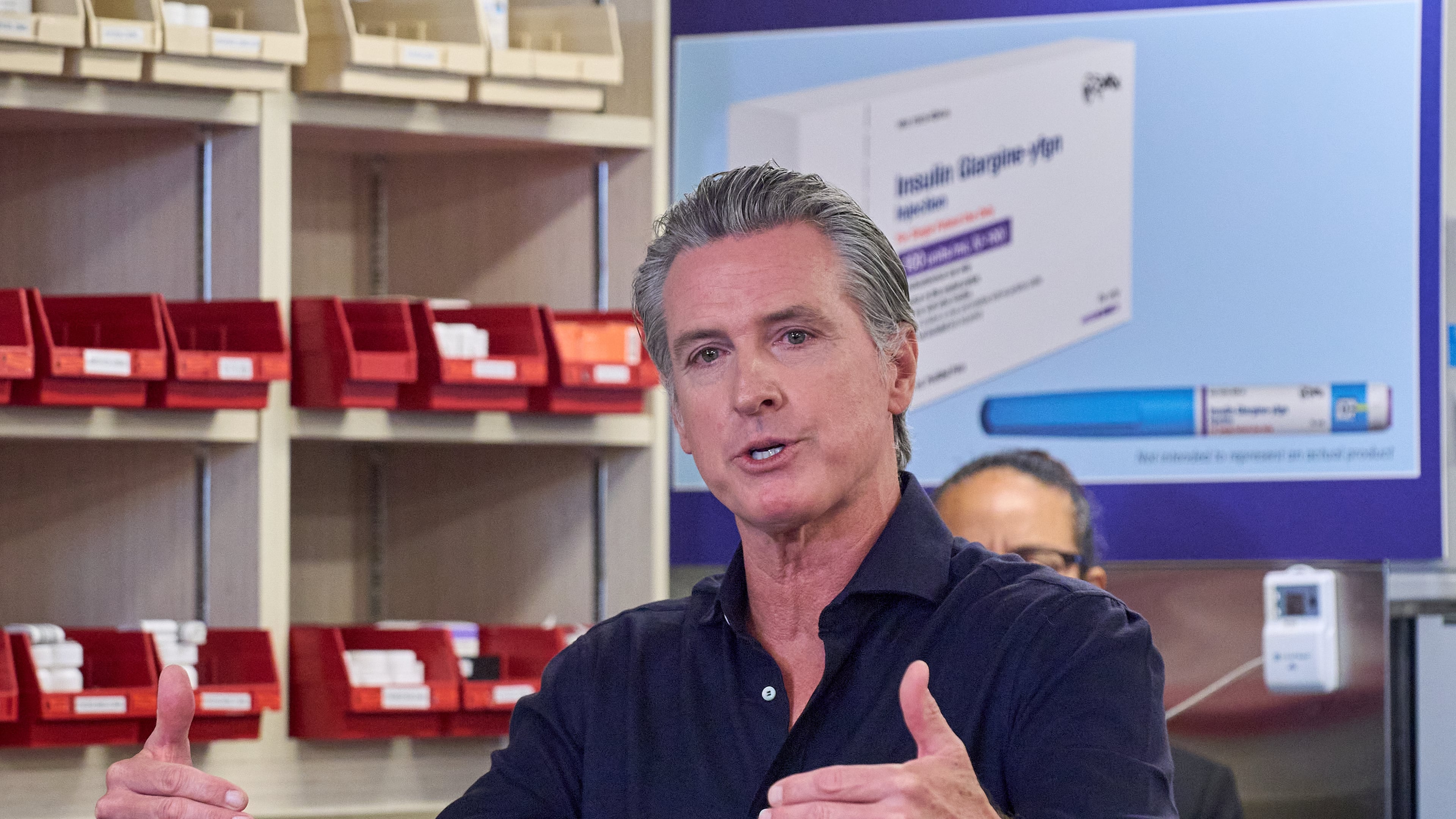California Gov. Gavin Newsom announces CalRx-branded insulin glargine pens available next Jan. 1, 2026, at a suggested retail price of no more than $55 per five-pack, or $11 per pen, during a news conference at Cedar-Sinai's Mark Goodson pharmacy in Los Angeles, Thursday, Oct. 16, 2025. (AP Photo/Damian Dovarganes)